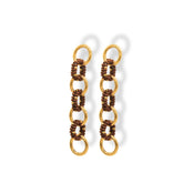 Aretes largos entrelazados tejidos con marrón y dorado, en bronce con miyuki