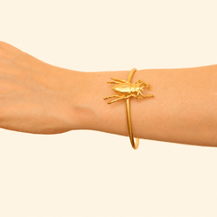 Detalle de brazalete con escarabajo sobre persona con una vista más cercana