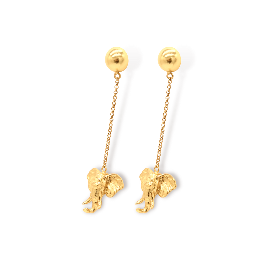 Aretes largos con cabeza de elefante vista lateral Brezo Jewelry