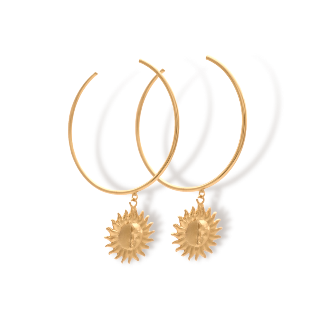 Candongas grandes con sol media cara plana vista lateral Brezo Jewelry