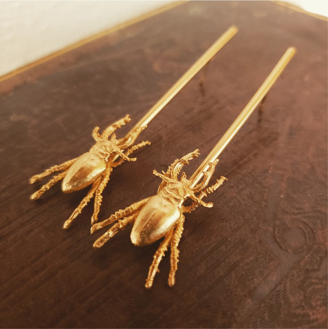 Aretes largos con escarabajo pequeño vista detallada